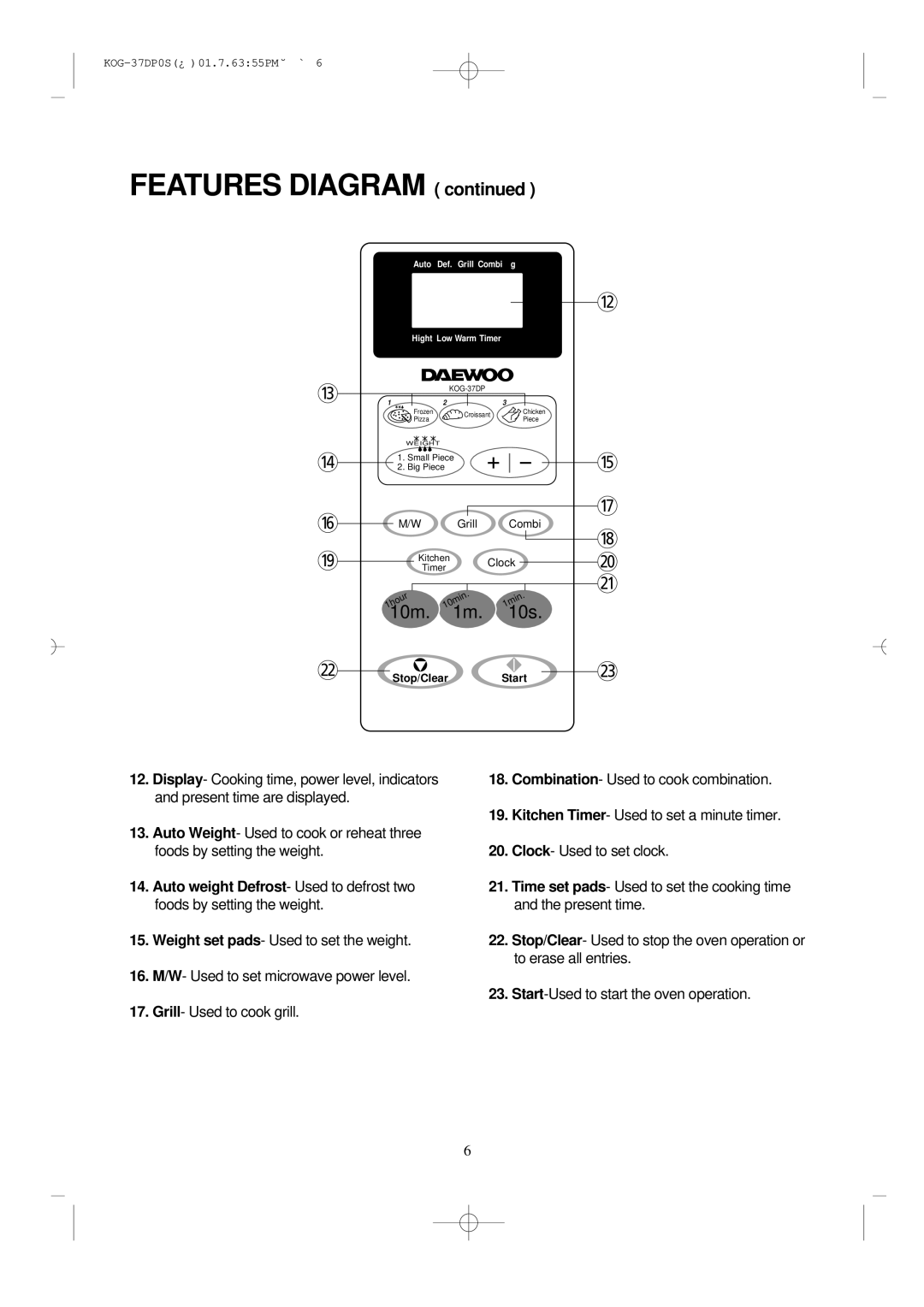 Daewoo KOG-37DP0S manual Features Diagram 