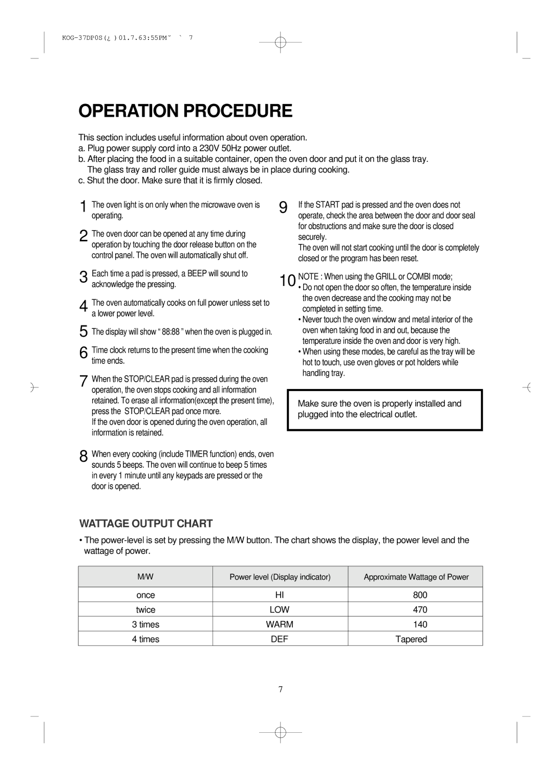 Daewoo KOG-37DP0S manual Operation Procedure 