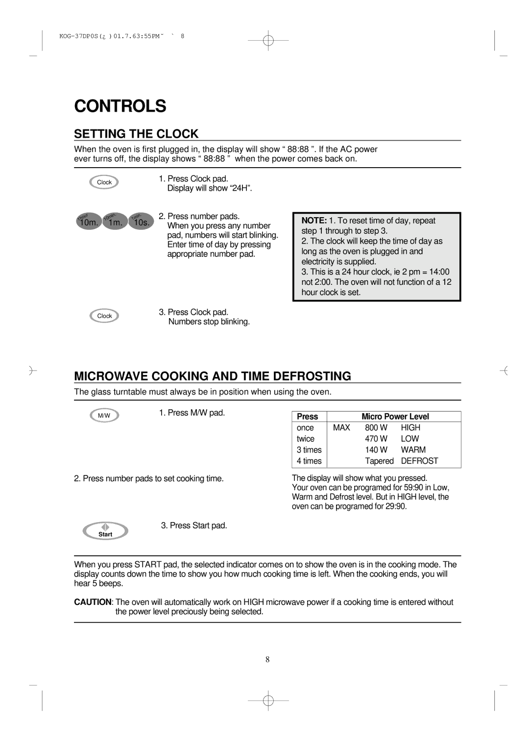 Daewoo KOG-37DP0S manual Controls, Setting the Clock, Microwave Cooking and Time Defrosting 