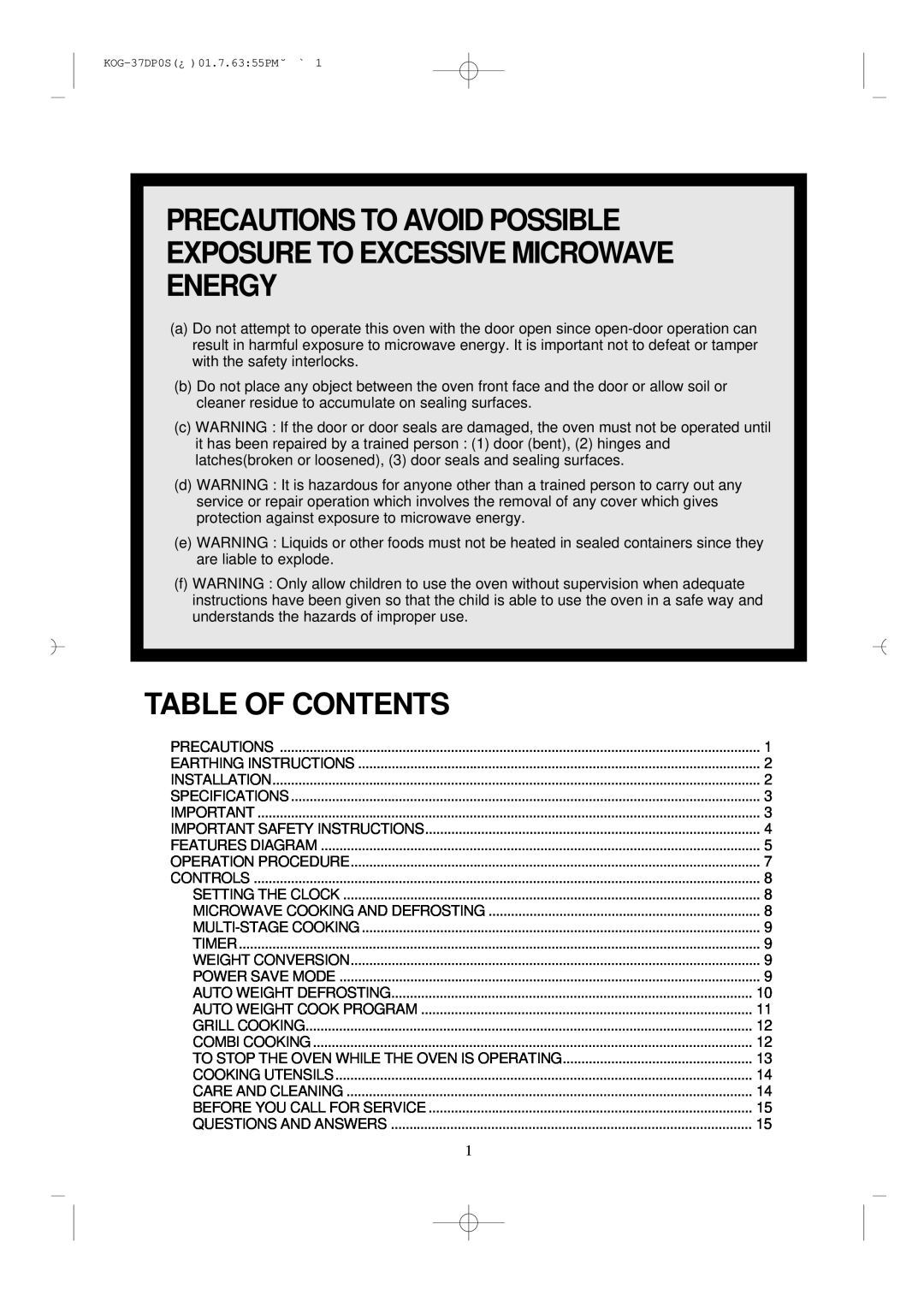 Daewoo KOG-37DP0S manual Table Of Contents 