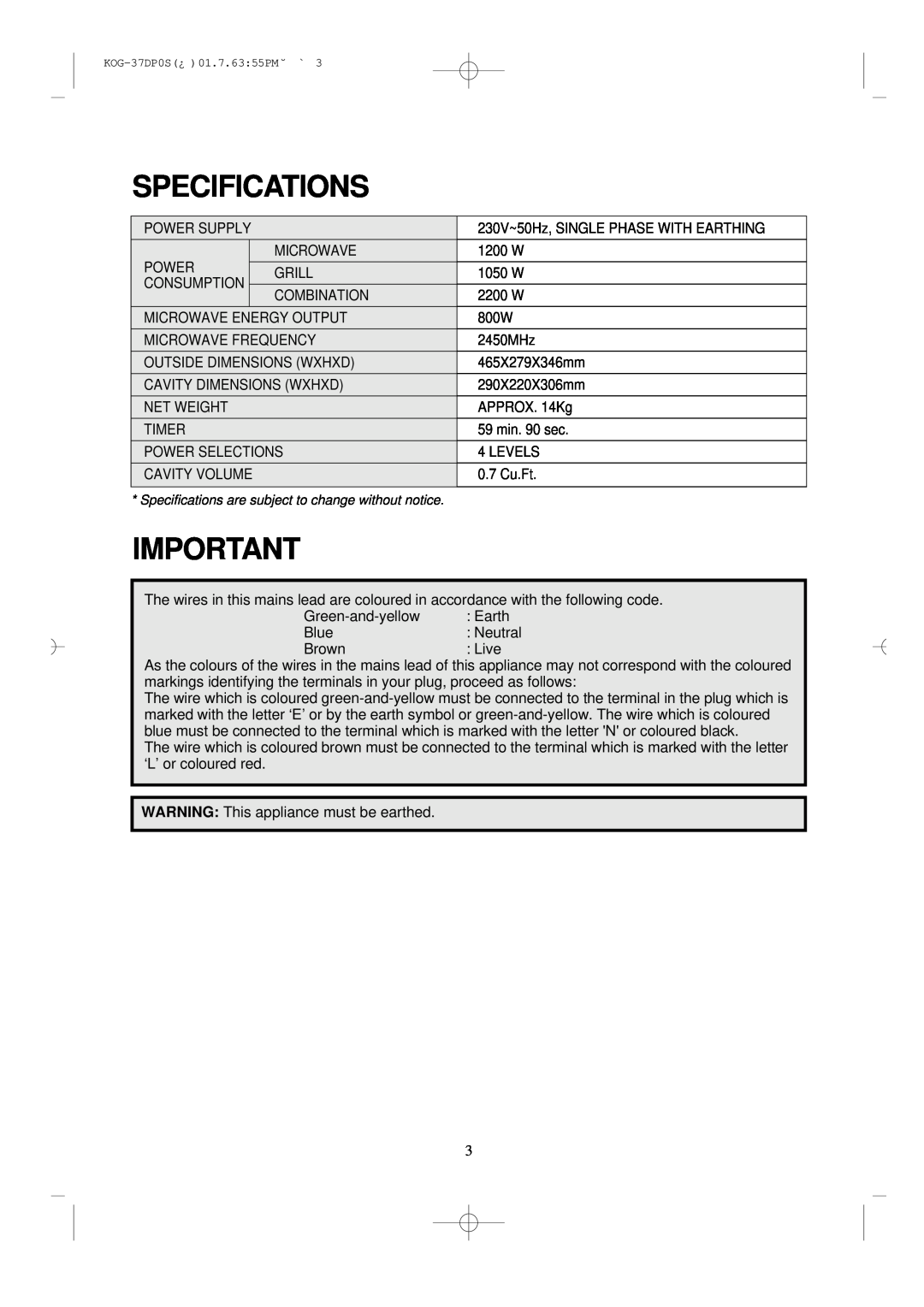 Daewoo KOG-37DP0S manual Specifications 