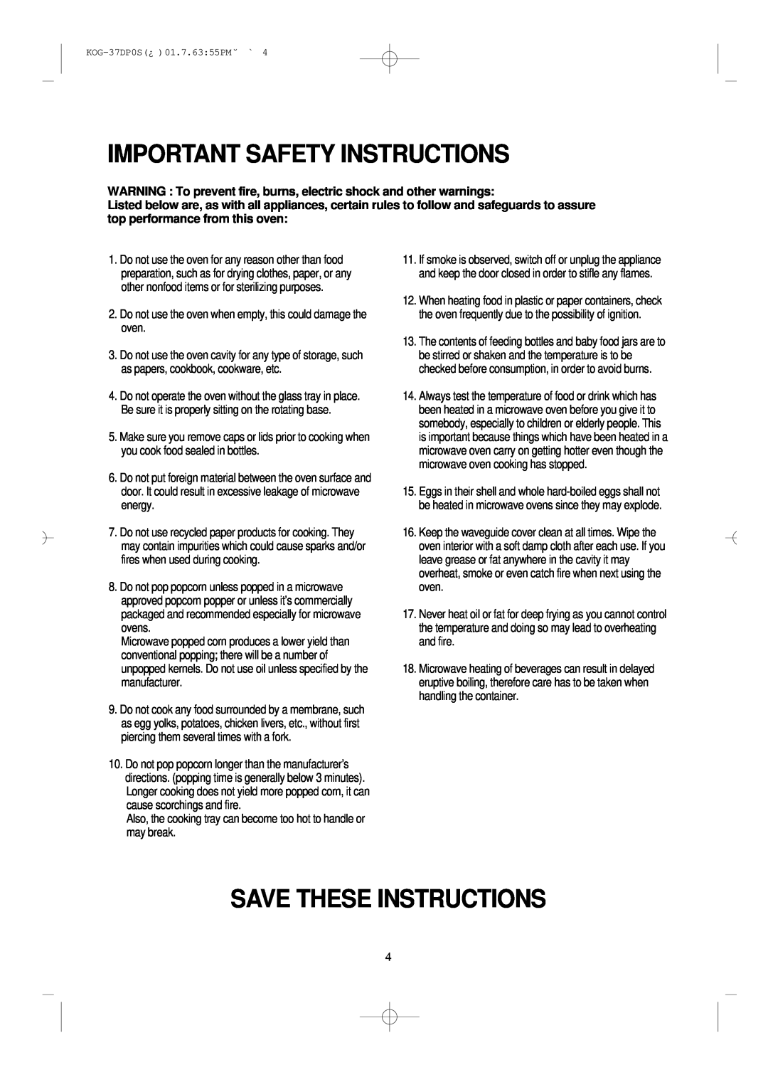 Daewoo KOG-37DP0S manual Important Safety Instructions, Save These Instructions 