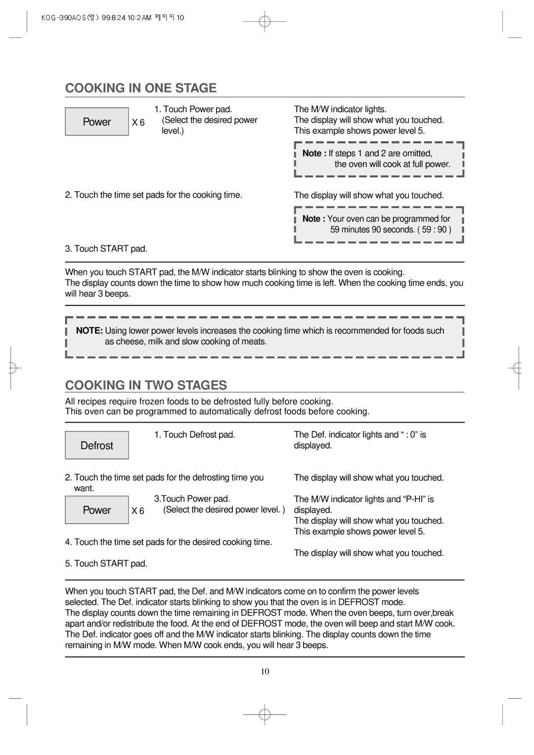 Daewoo KOG-390A manual Cooking in ONE Stage, Cooking in TWO Stages, Power 