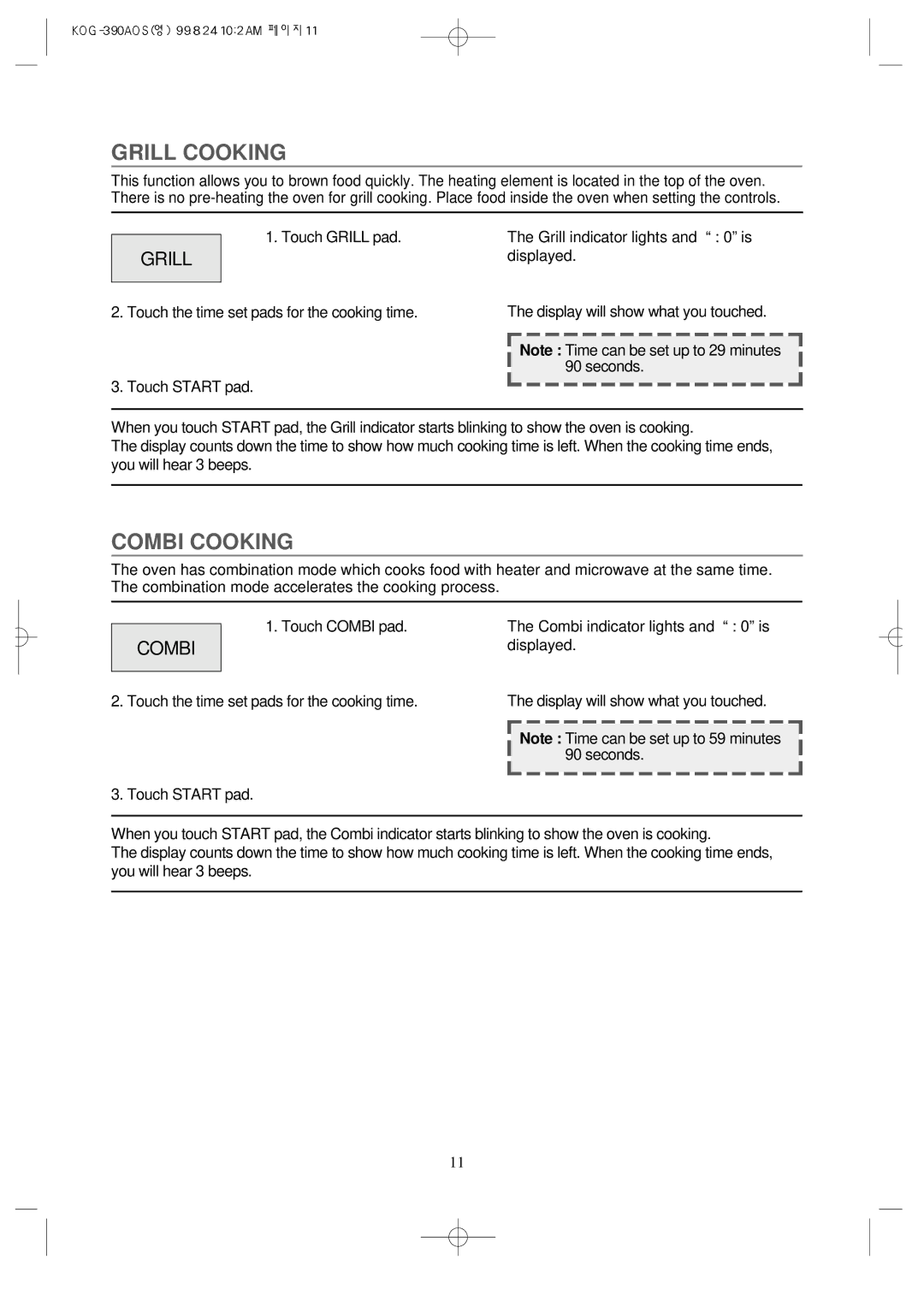 Daewoo KOG-390A manual Grill Cooking, Combi Cooking 