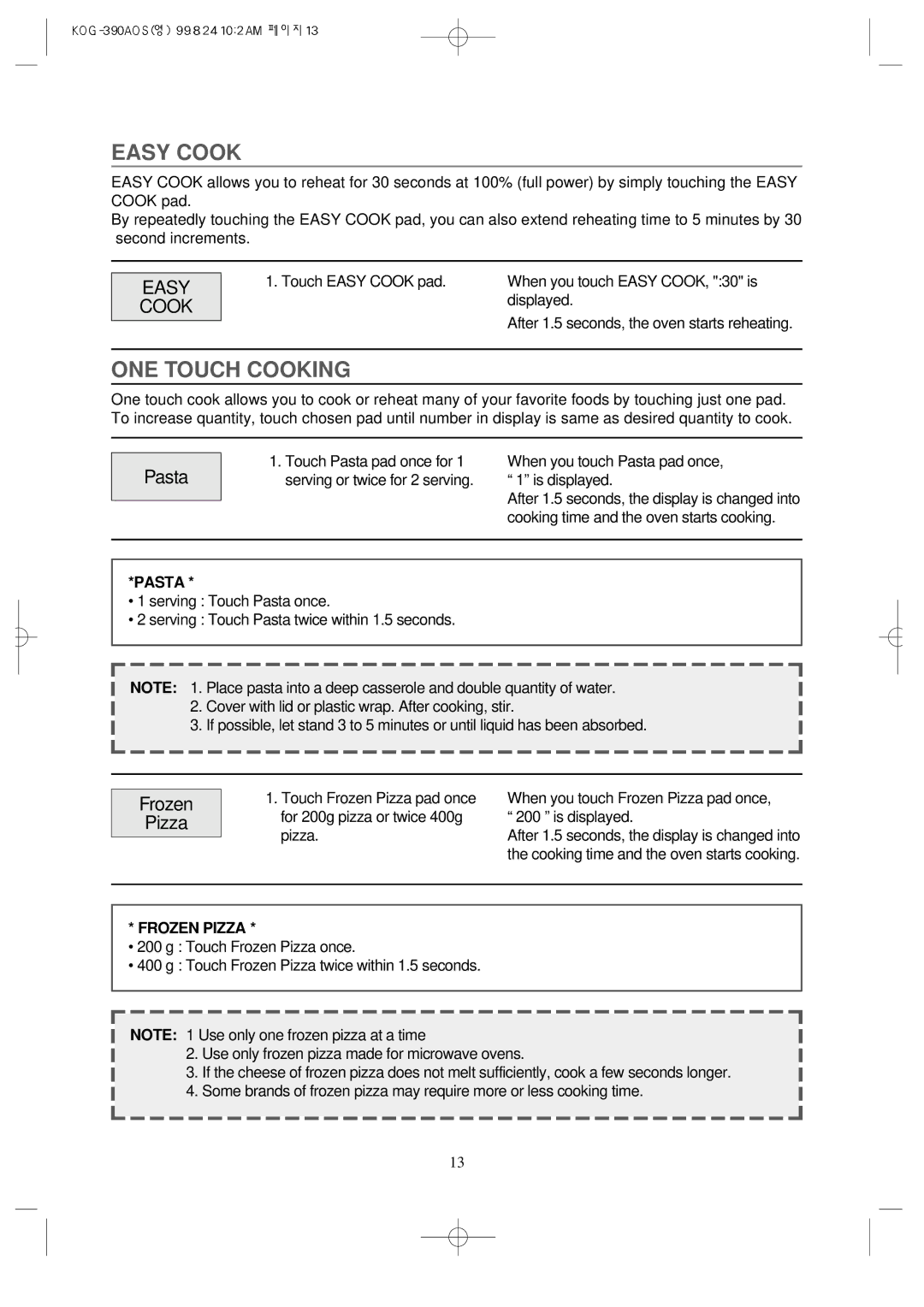 Daewoo KOG-390A manual Easy Cook, ONE Touch Cooking, Pasta, Frozen Pizza 