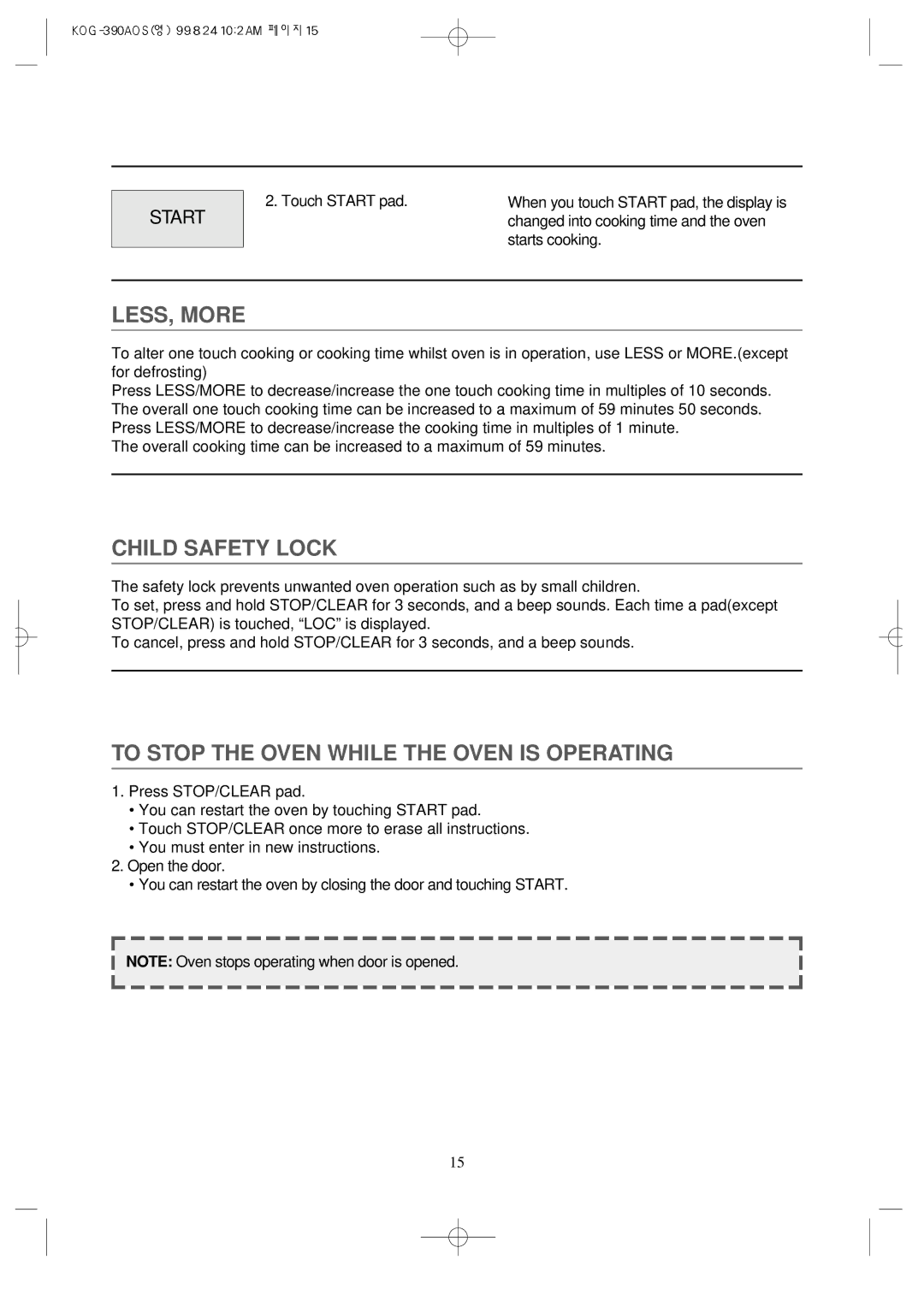 Daewoo KOG-390A manual LESS, More, Child Safety Lock, To Stop the Oven While the Oven is Operating, Start 