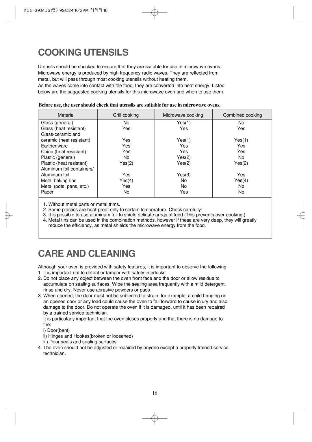 Daewoo KOG-390A manual Cooking Utensils 