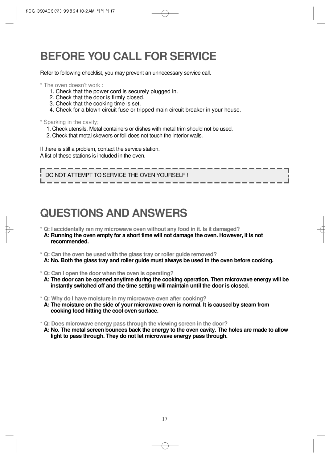 Daewoo KOG-390A manual Before YOU Call for Service, Questions and Answers 