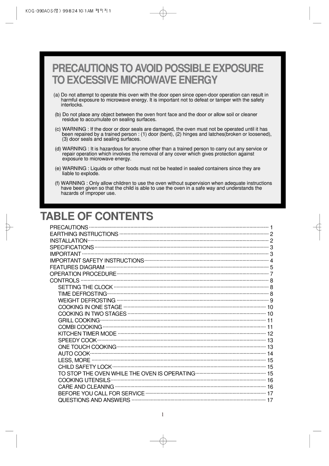 Daewoo KOG-390A manual Table of Contents 