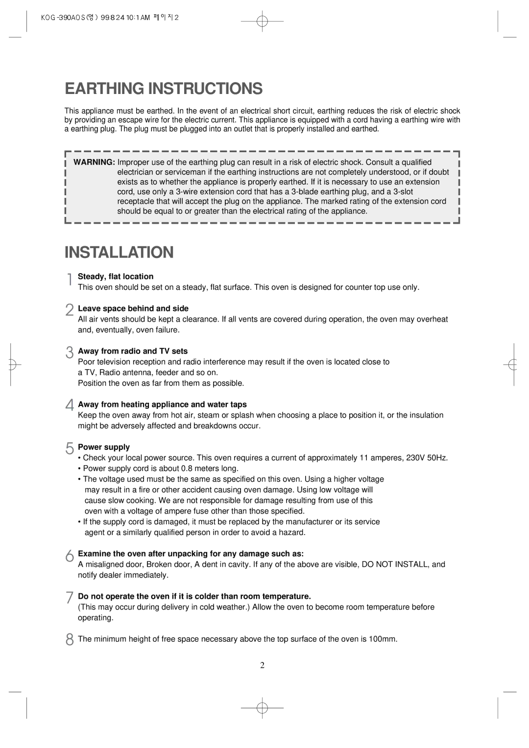 Daewoo KOG-390A manual Earthing Instructions 