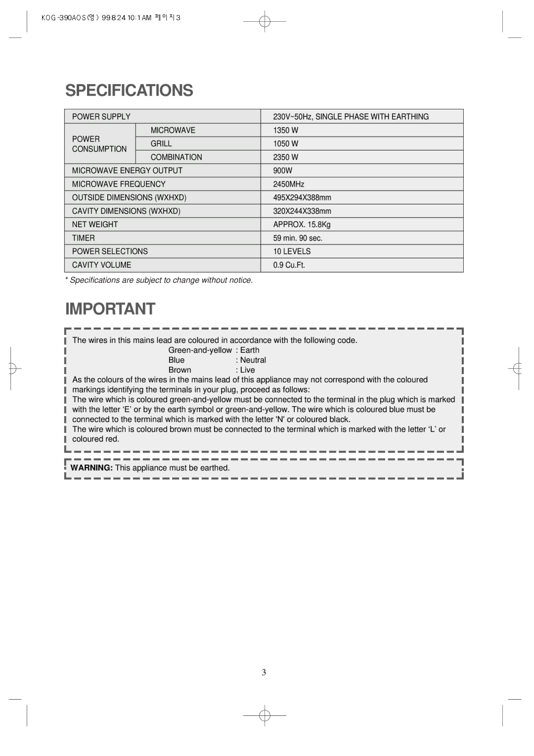 Daewoo KOG-390A manual Specifications 