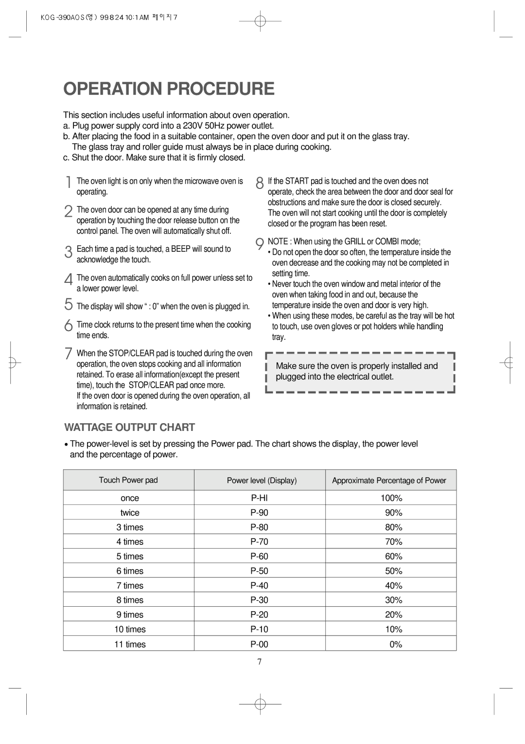 Daewoo KOG-390A manual Operation Procedure, Wattage Output Chart 