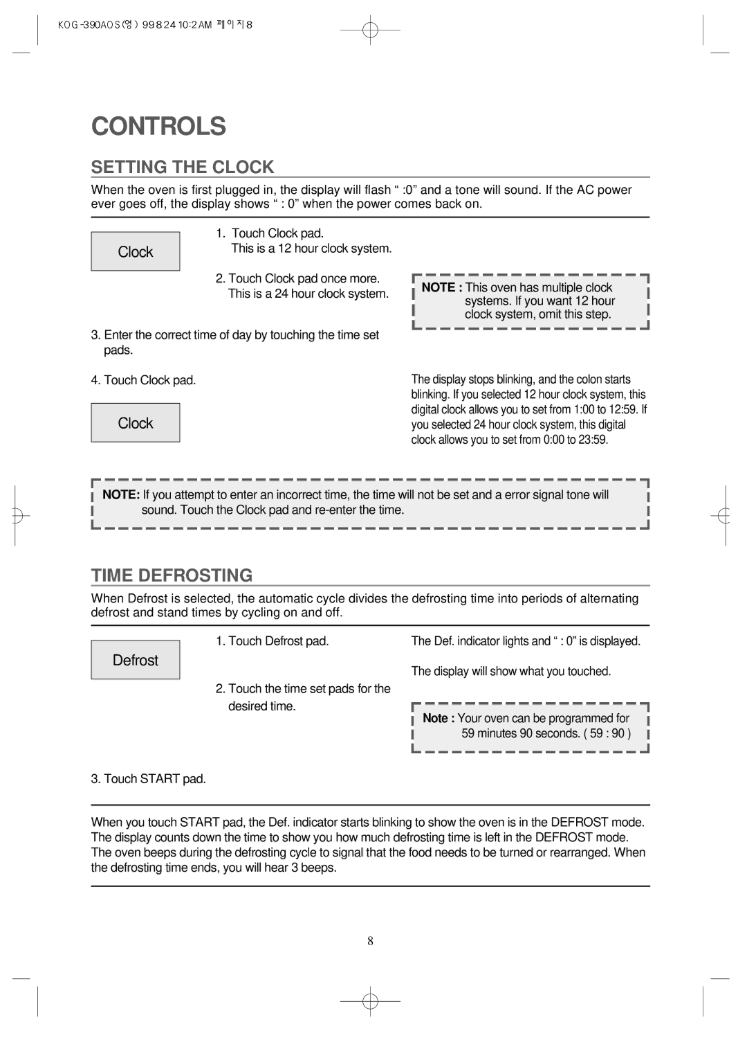 Daewoo KOG-390A manual Controls, Setting the Clock, Time Defrosting 