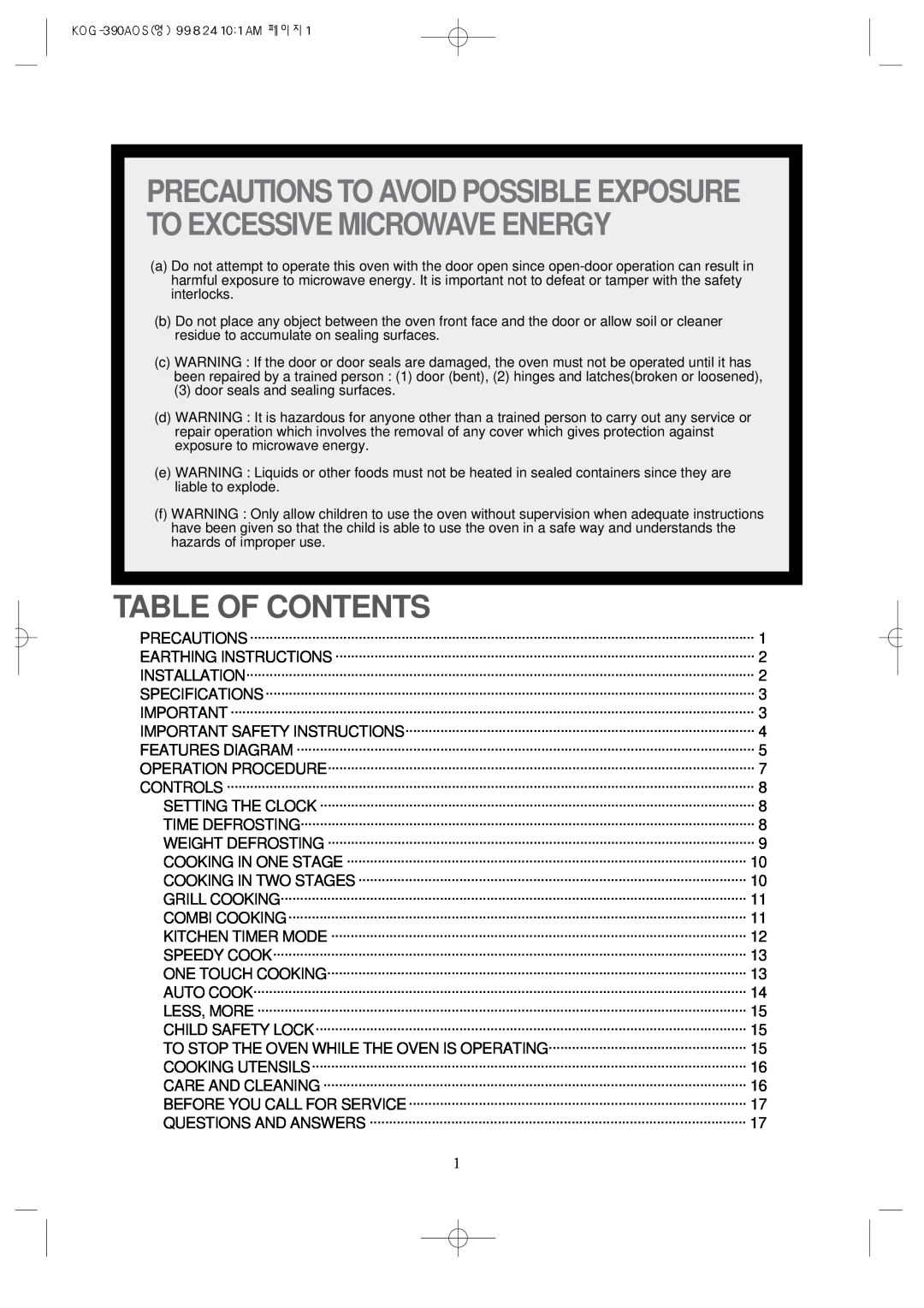 Daewoo KOG-390A manual Table Of Contents, Precautions To Avoid Possible Exposure To Excessive Microwave Energy 