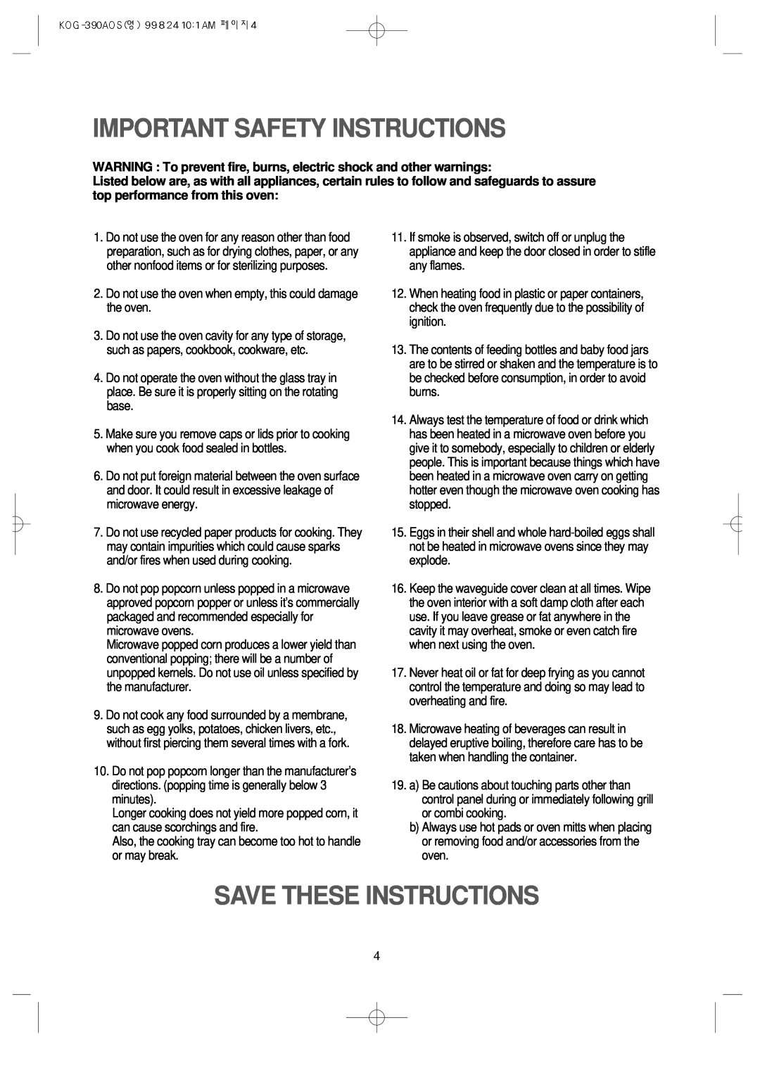 Daewoo KOG-390A manual Important Safety Instructions, Save These Instructions 