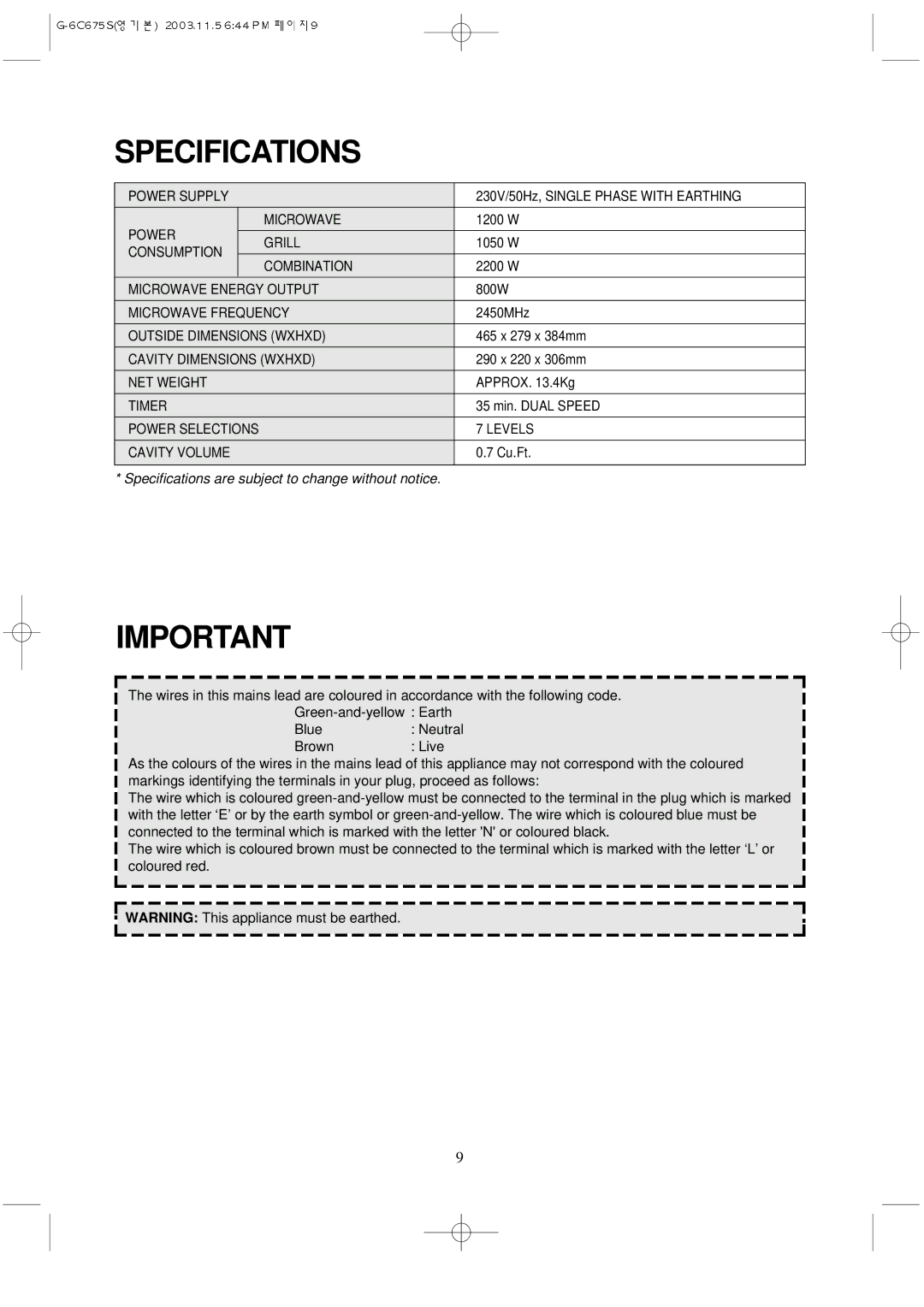 Daewoo KOG-3C675S manual Specifications 