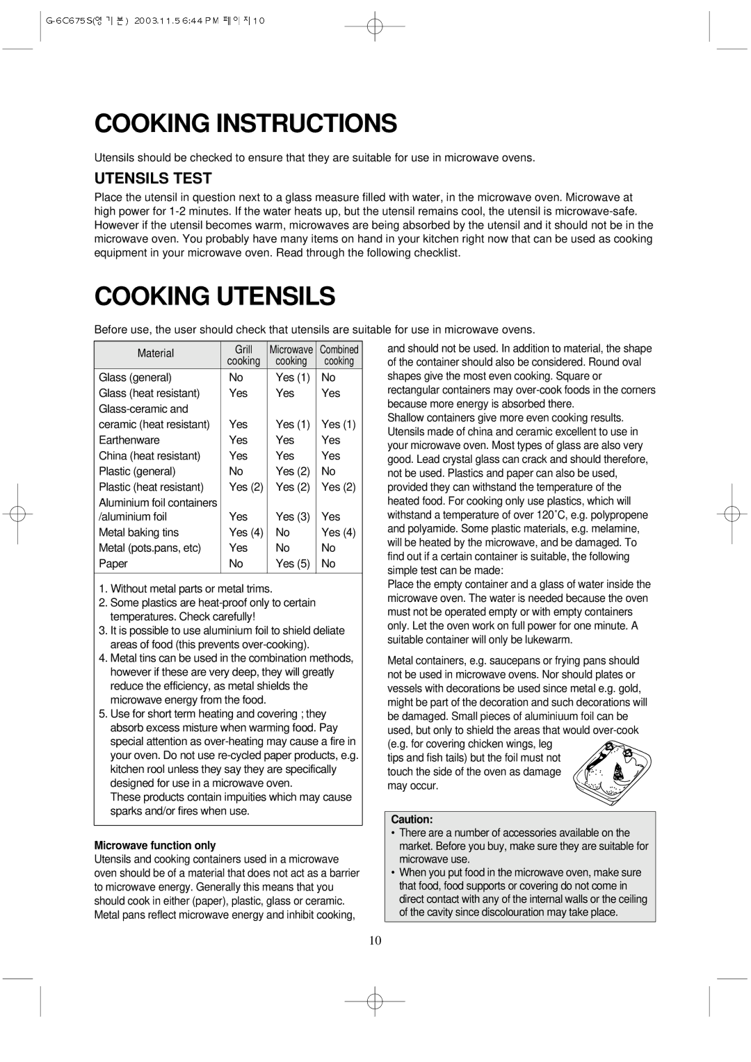 Daewoo KOG-3C675S manual Cooking Instructions, Cooking Utensils, Utensils Test, Microwave function only 