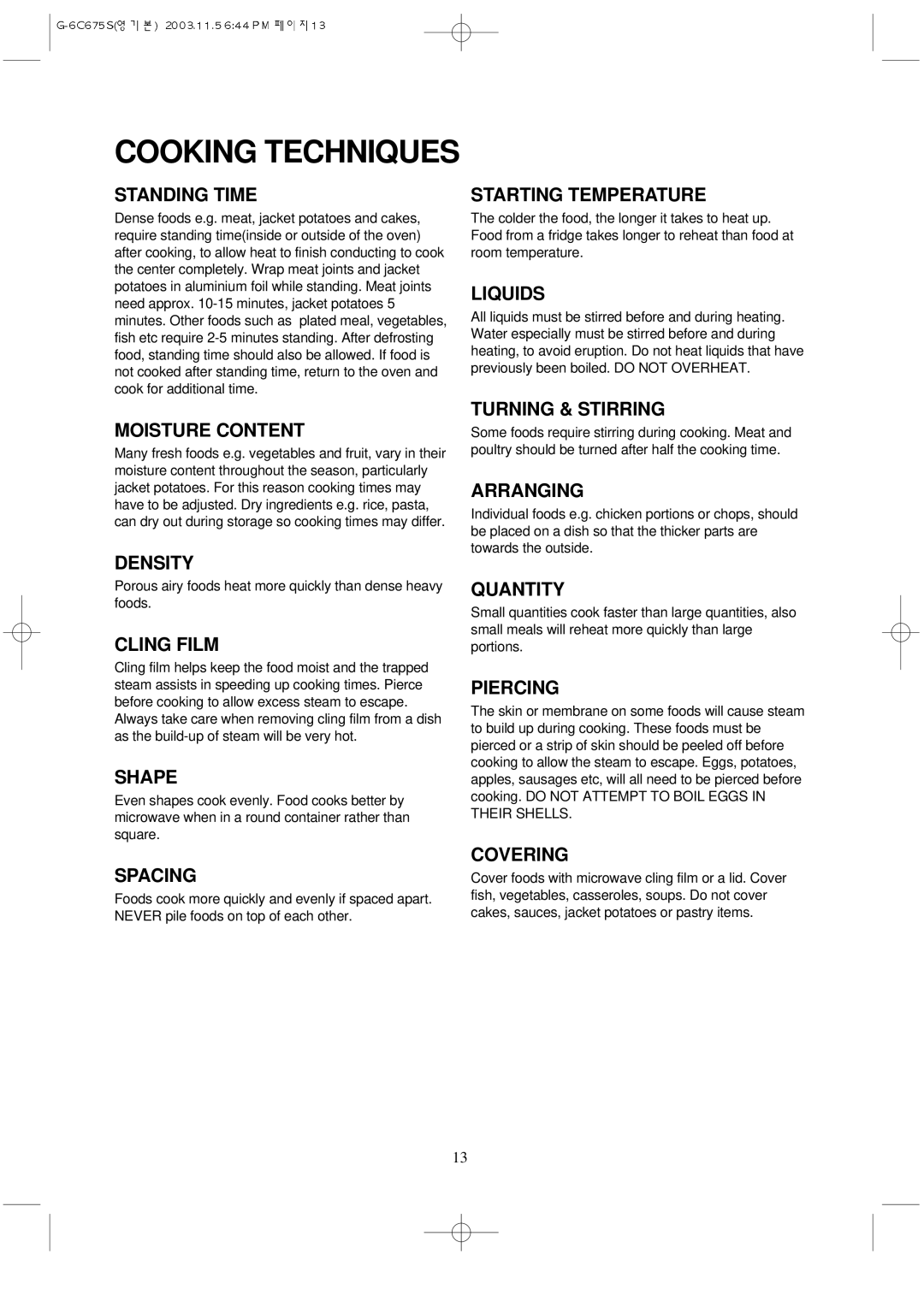 Daewoo KOG-3C675S manual Cooking Techniques 