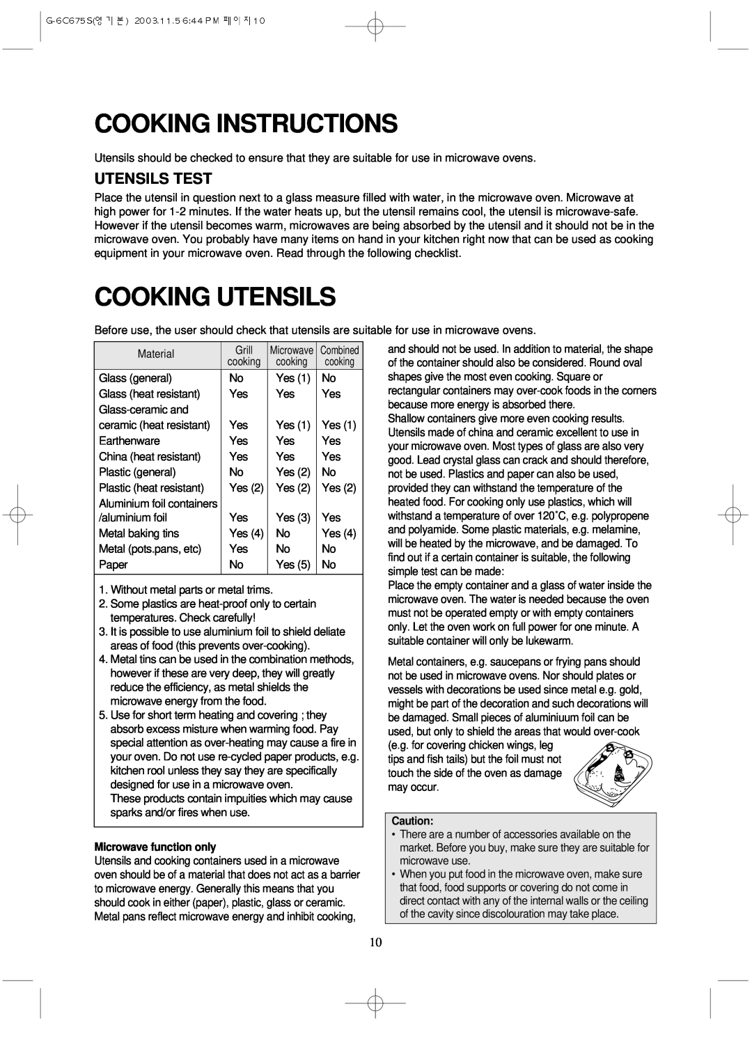 Daewoo KOG-3C675S manual Cooking Instructions, Cooking Utensils, Utensils Test, Microwave function only 