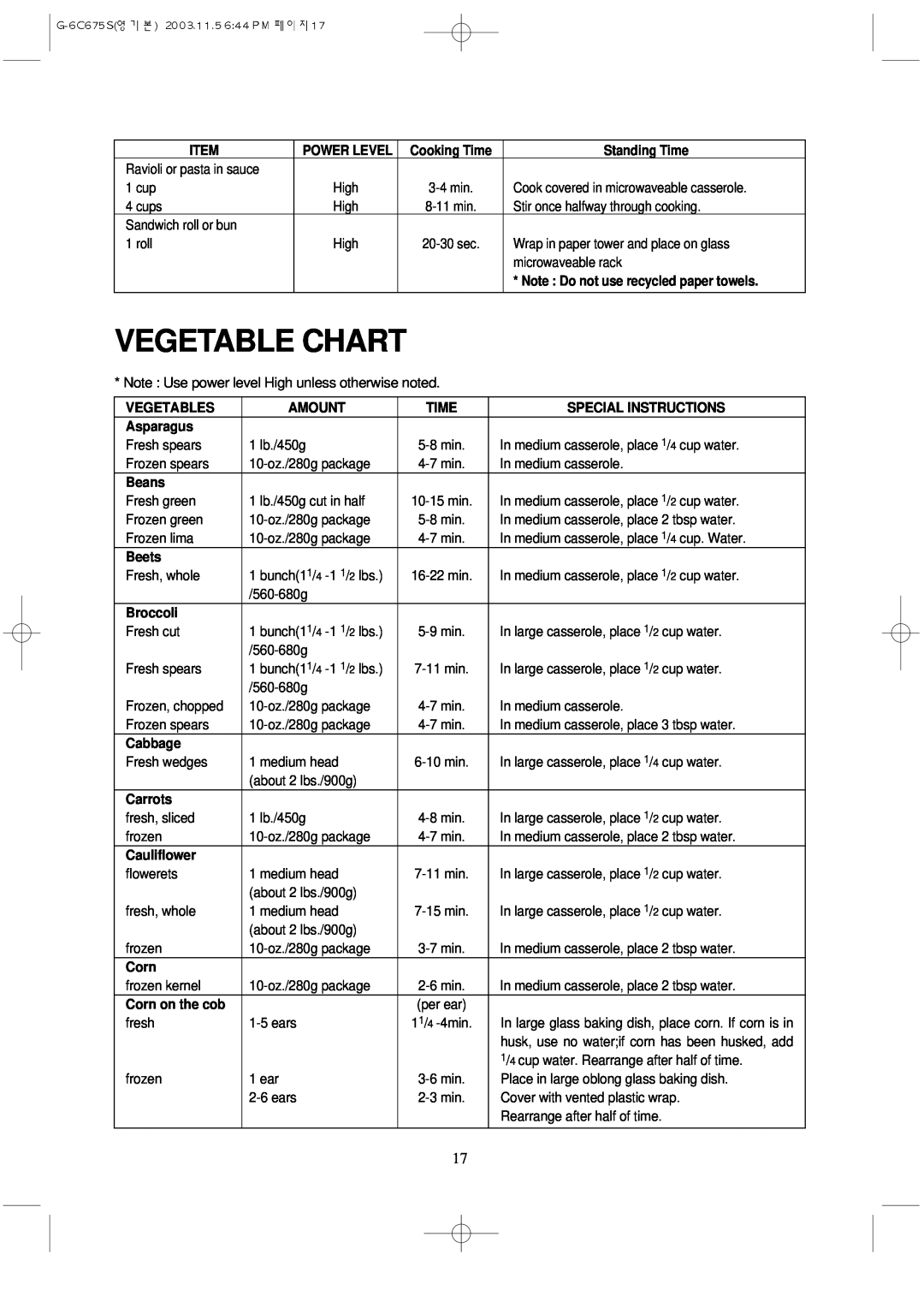 Daewoo KOG-3C675S Vegetable Chart, Cooking Time, Standing Time, Note Do not use recycled paper towels, Vegetables, Amount 