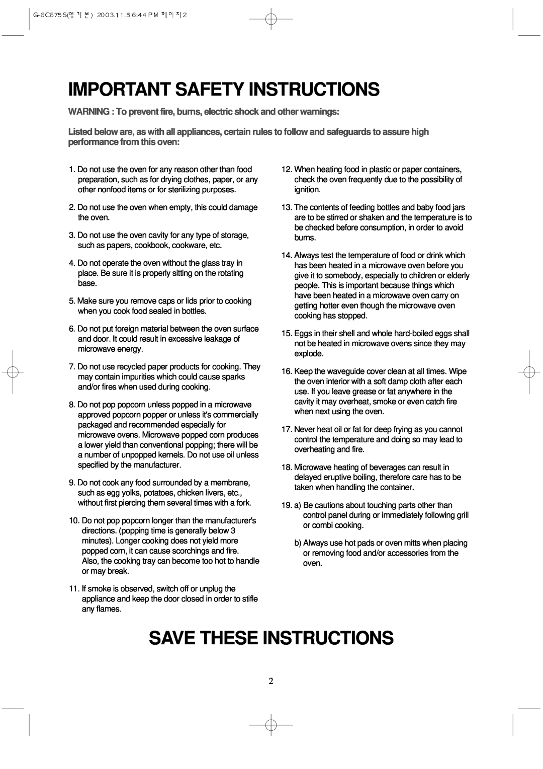 Daewoo KOG-3C675S manual Important Safety Instructions, Save These Instructions 