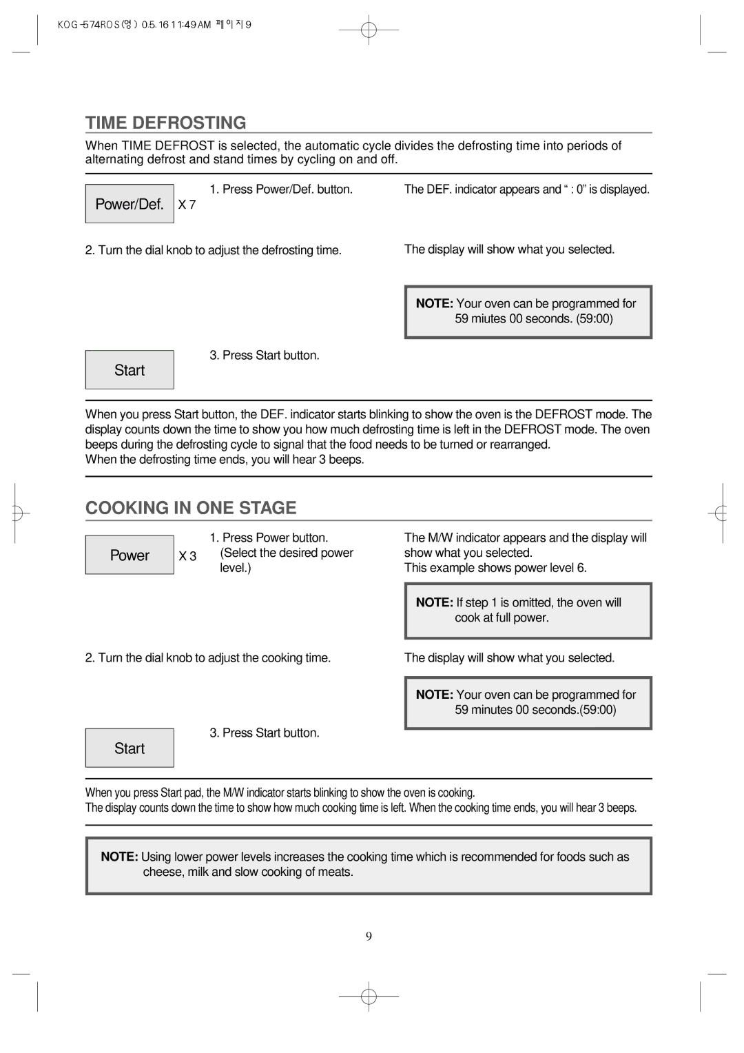 Daewoo KOG-574R operating instructions Time Defrosting, Cooking in ONE Stage, Power 