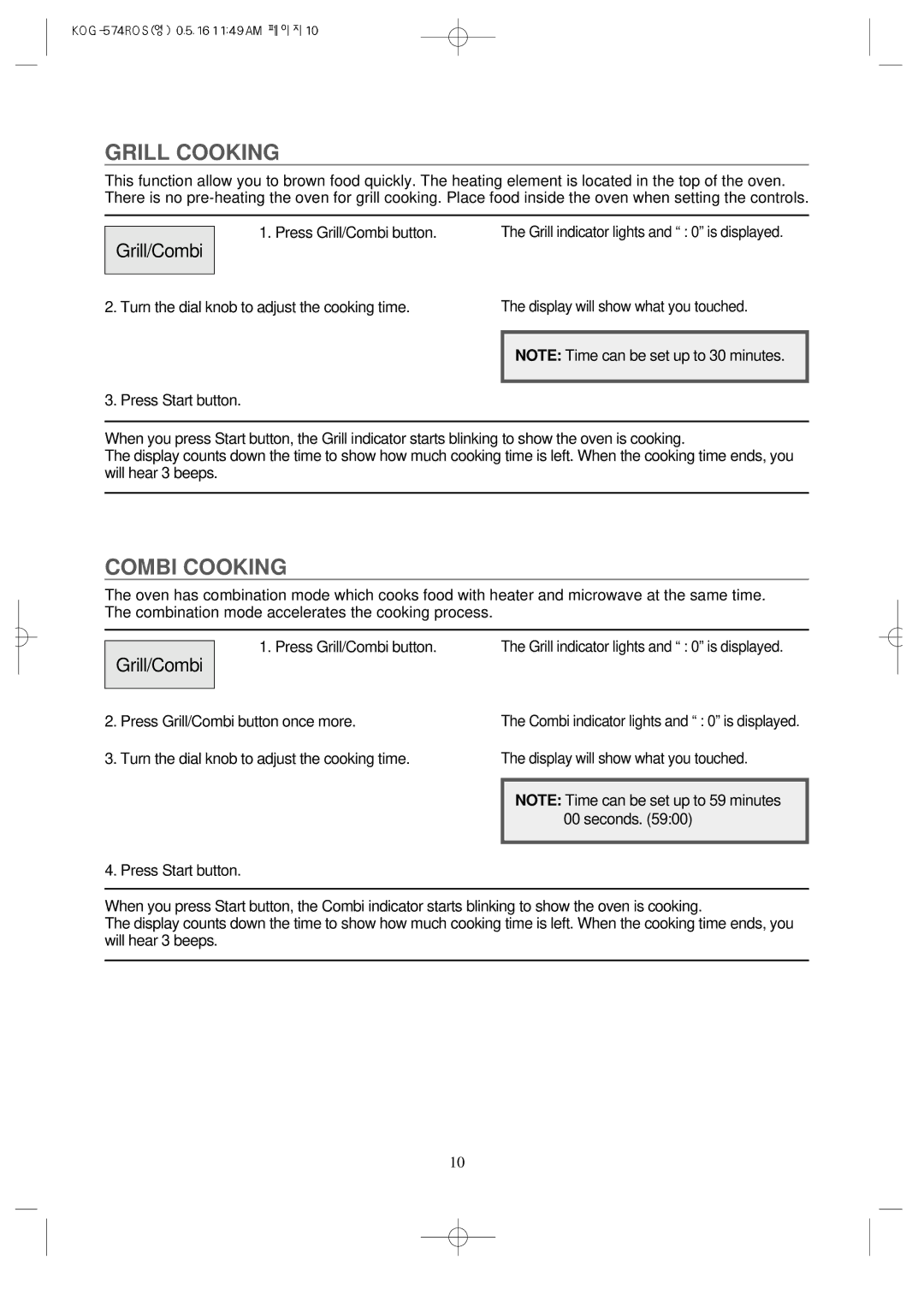Daewoo KOG-574R operating instructions Grill Cooking, Combi Cooking, Grill/Combi 
