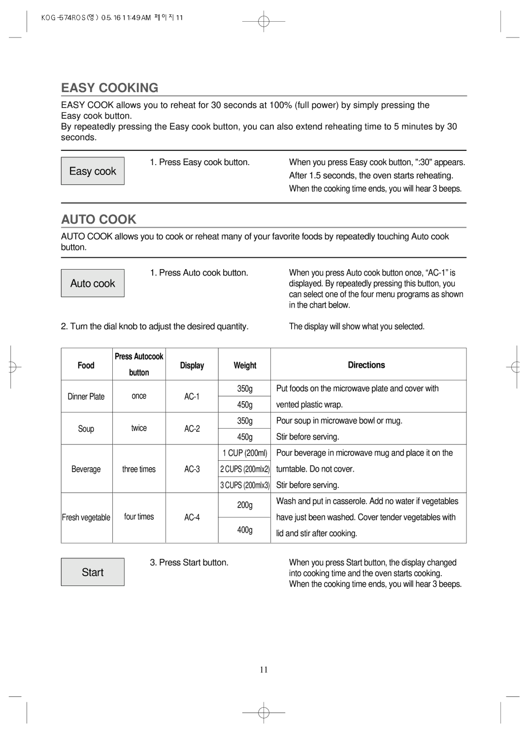 Daewoo KOG-574R operating instructions Easy Cooking, Auto Cook, Easy cook, Auto cook 