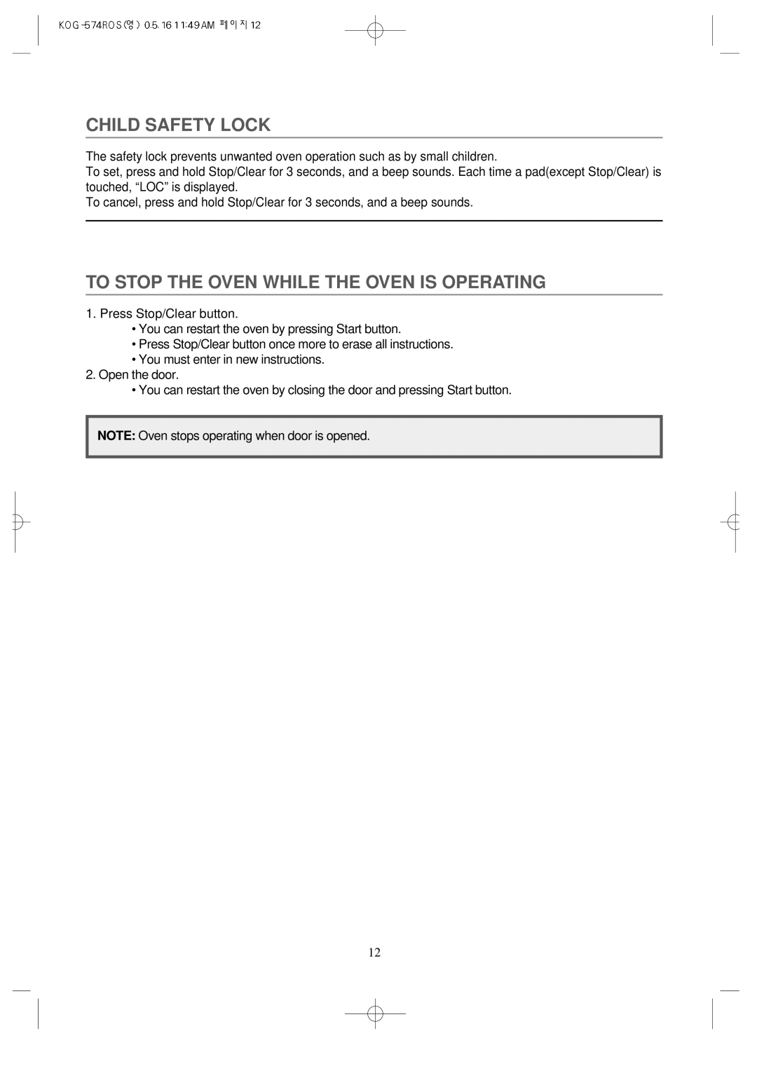 Daewoo KOG-574R operating instructions Child Safety Lock, To Stop the Oven While the Oven is Operating 