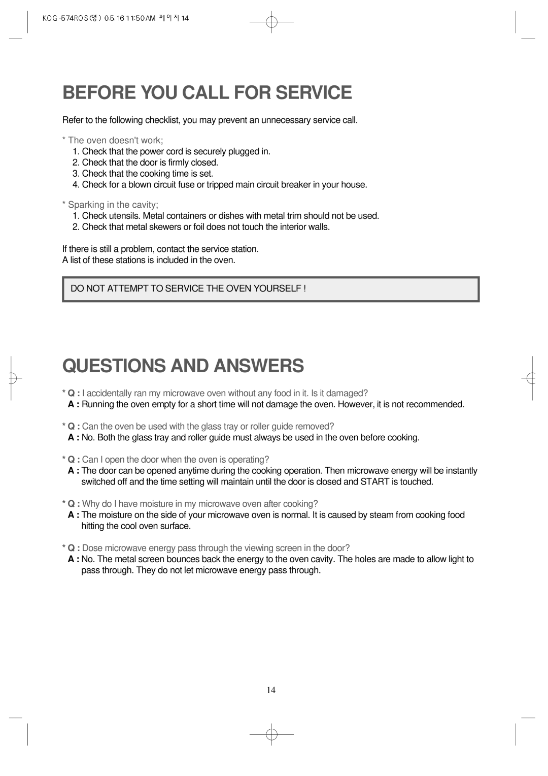 Daewoo KOG-574R operating instructions Before YOU Call for Service, Questions and Answers 