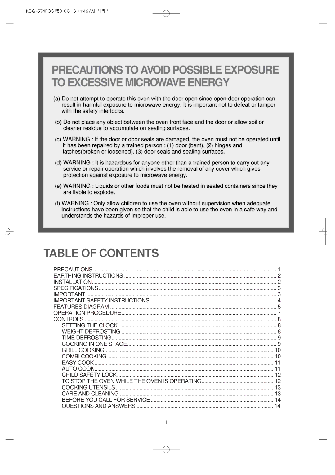 Daewoo KOG-574R operating instructions Table of Contents 