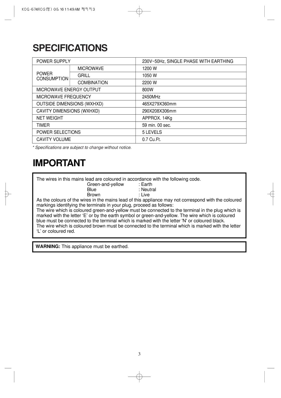 Daewoo KOG-574R operating instructions Specifications 