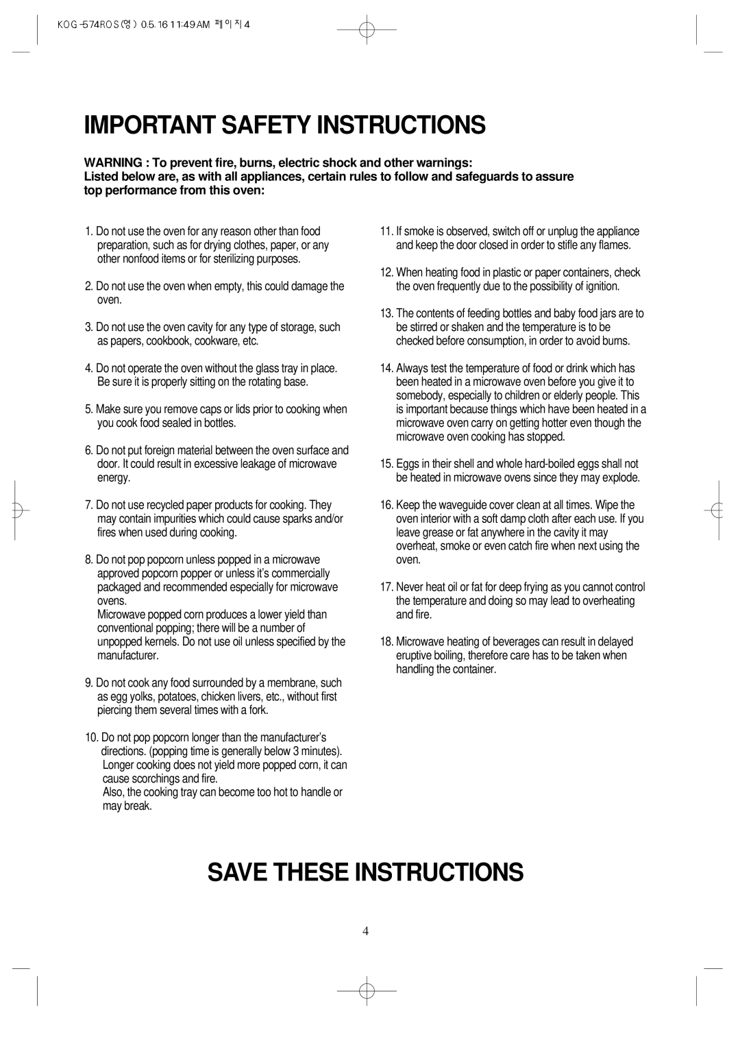 Daewoo KOG-574R operating instructions Important Safety Instructions 