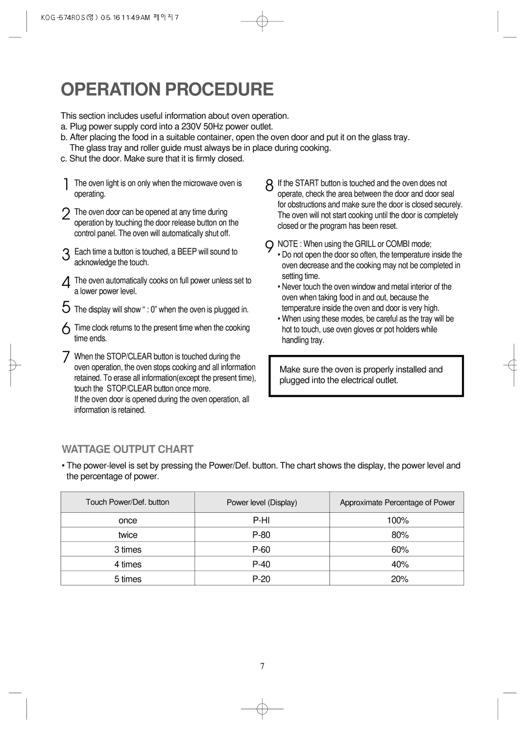 Daewoo KOG-574R operating instructions Operation Procedure, Wattage Output Chart 