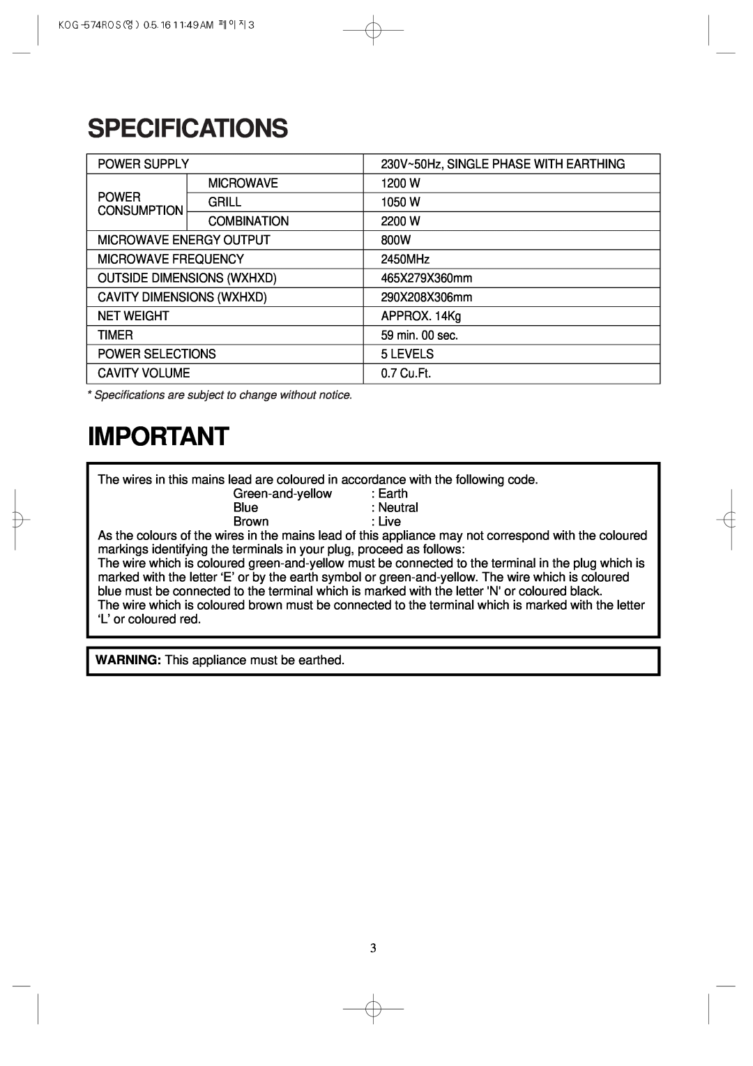 Daewoo KOG-574R operating instructions Specifications 