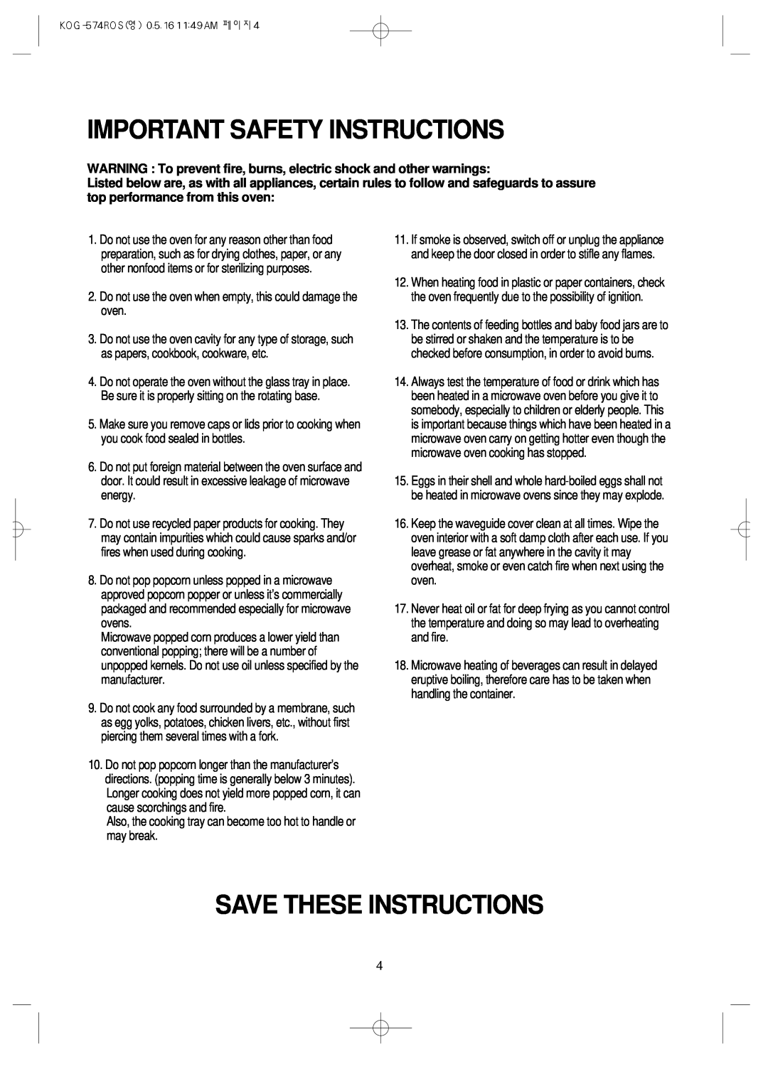 Daewoo KOG-574R operating instructions Important Safety Instructions, Save These Instructions 