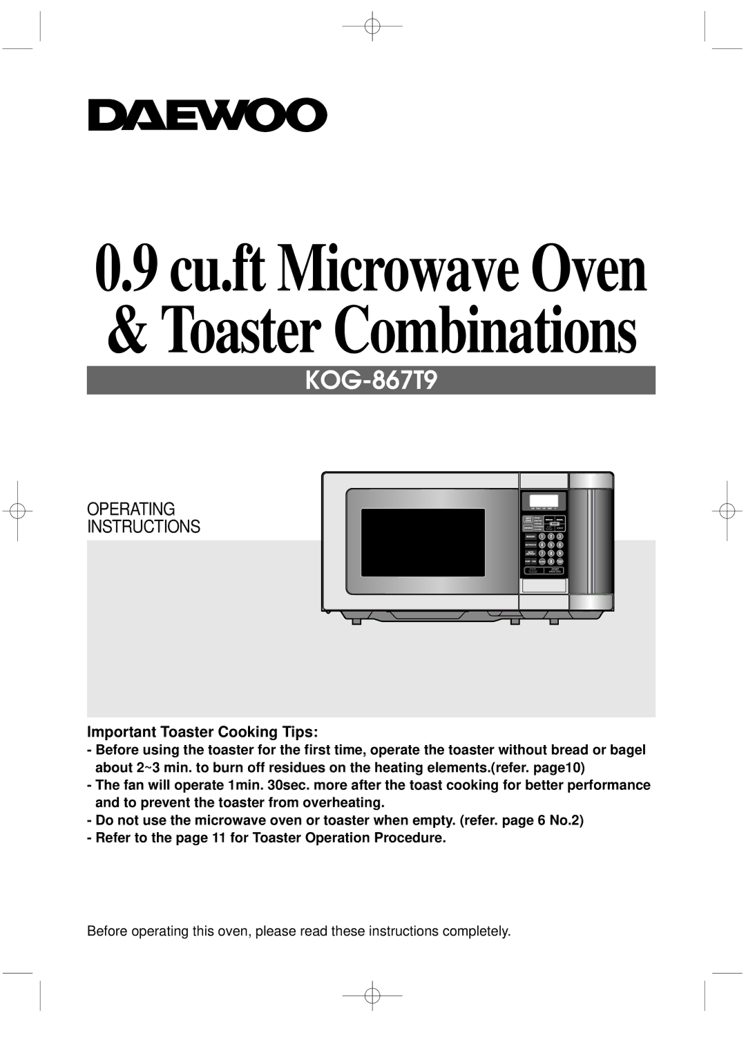 Daewoo KOG-867T9 manual Cu.ft Microwave Oven & Toaster Combinations 