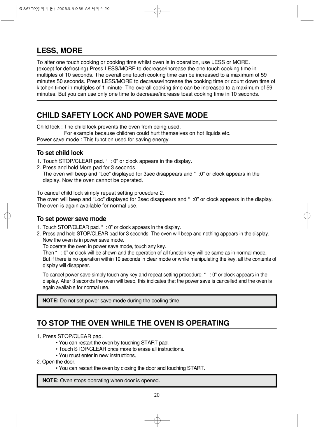 Daewoo KOG-867T9 manual LESS, More, Child Safety Lock and Power Save Mode, To Stop the Oven While the Oven is Operating 