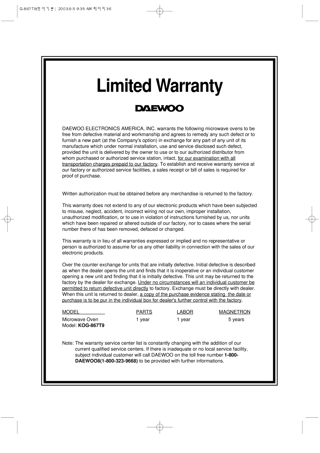 Daewoo KOG-867T9 manual Limited Warranty 