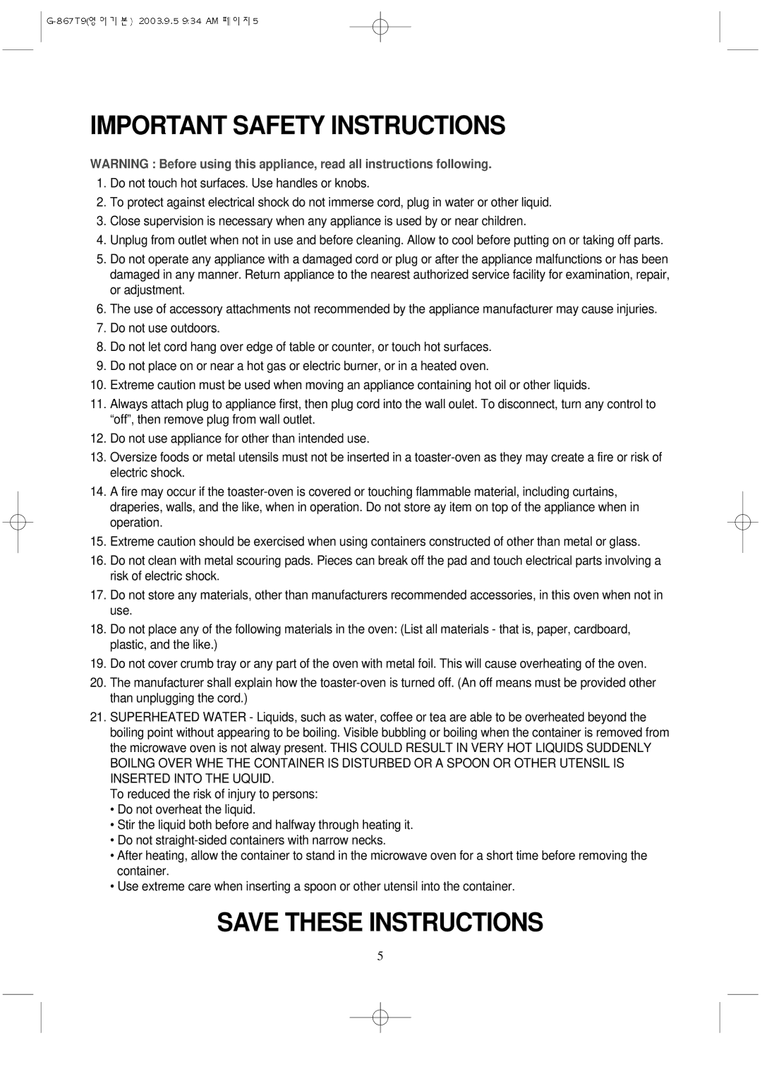 Daewoo KOG-867T9 manual Important Safety Instructions 