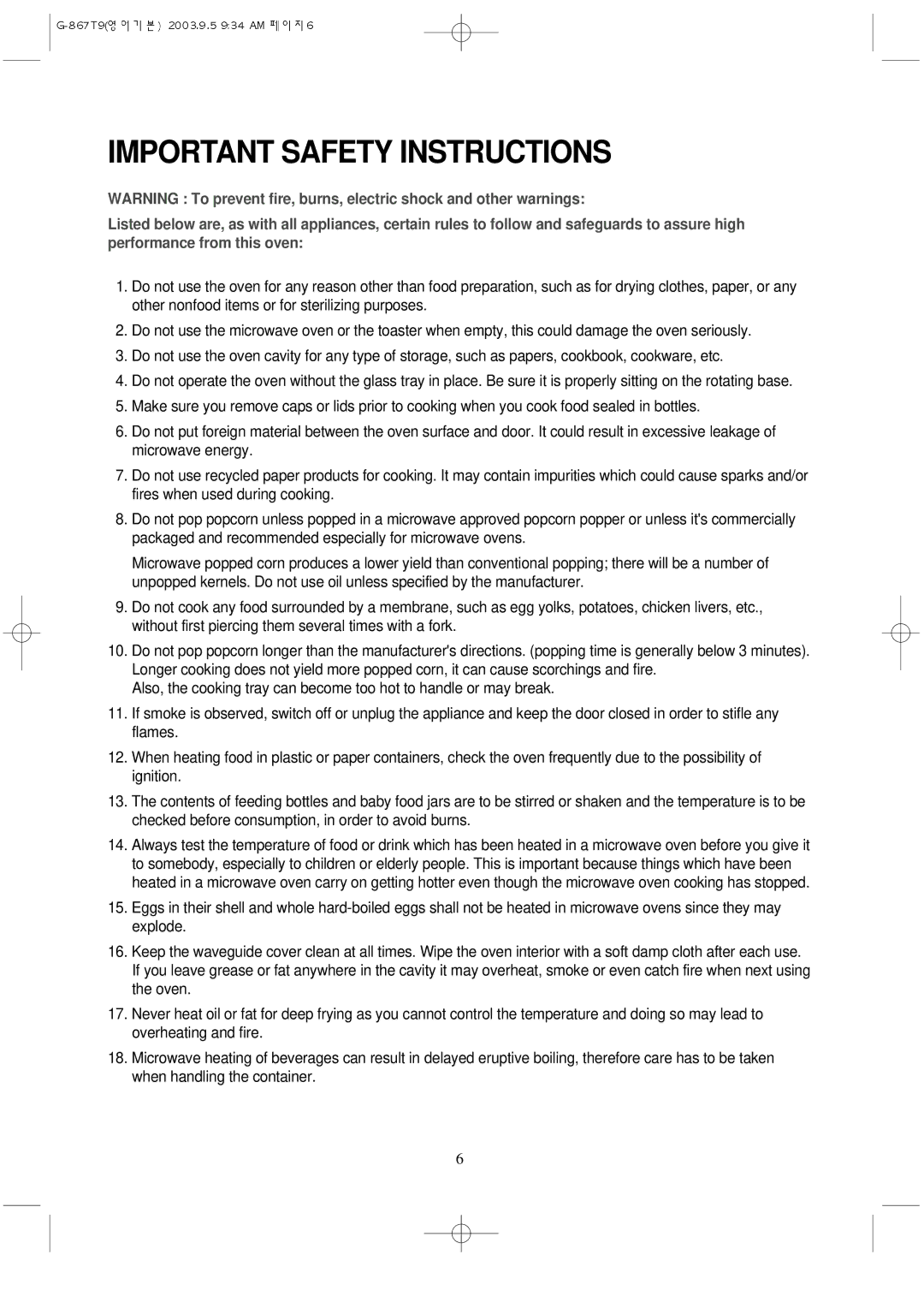 Daewoo KOG-867T9 manual Important Safety Instructions 