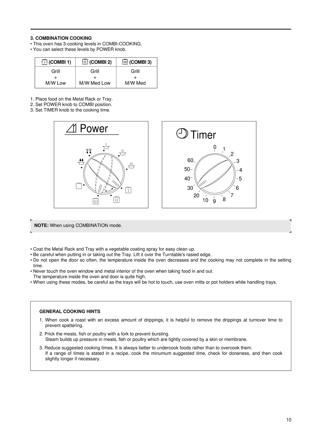 Daewoo KOG-8755 manual Combination Cooking, General Cooking Hints 