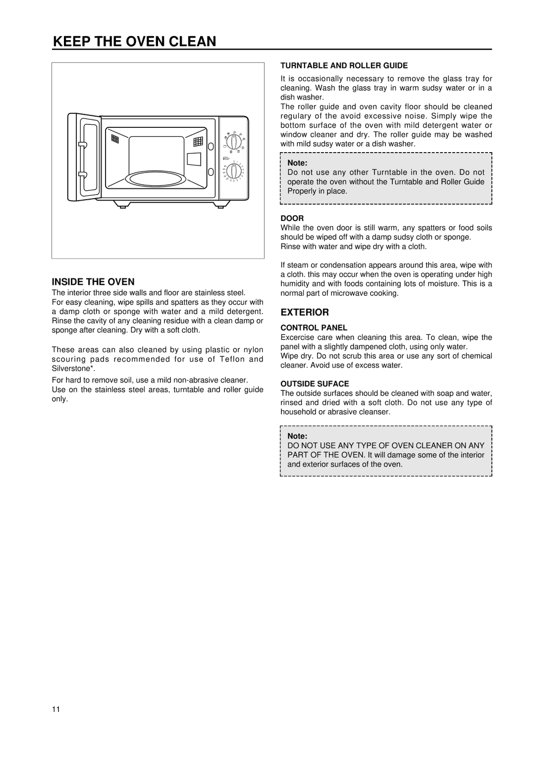 Daewoo KOG-8755 manual Keep the Oven Clean, Turntable and Roller Guide, Door, Control Panel, Outside Suface 