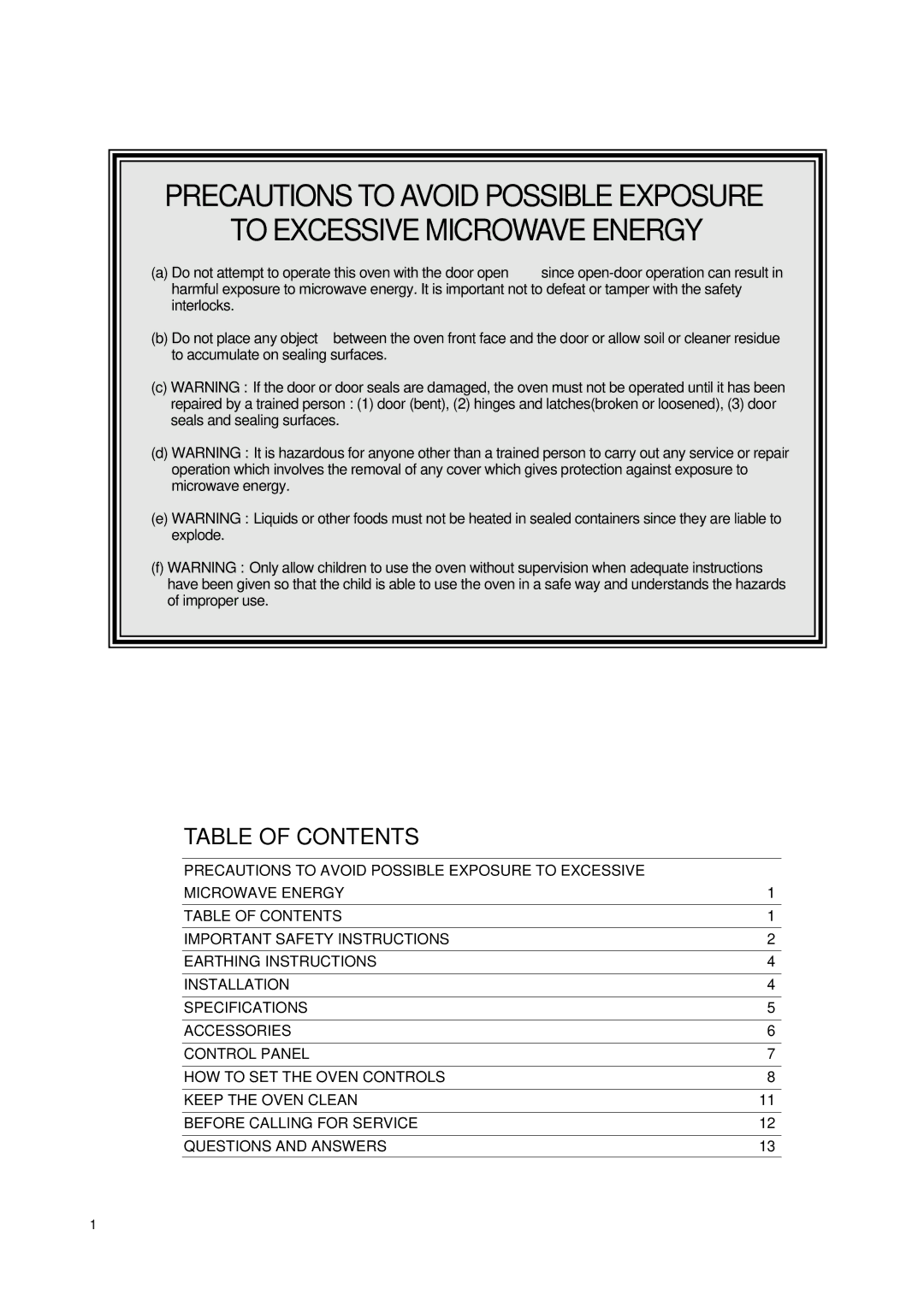 Daewoo KOG-8755 manual Table of Contents 