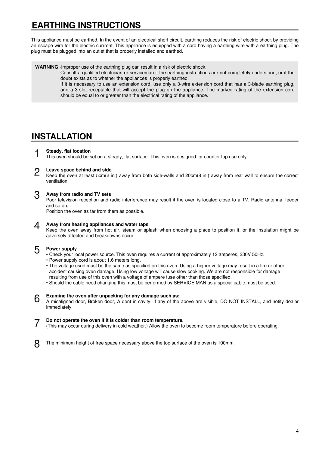 Daewoo KOG-8755 manual Earthing Instructions, Installation 