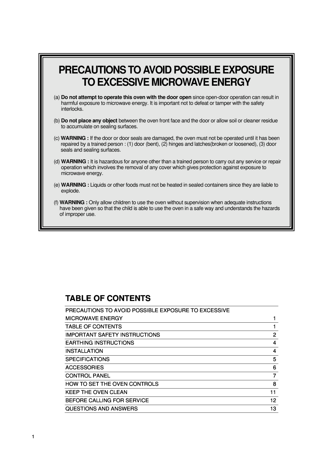Daewoo KOG-8755 manual Precautions To Avoid Possible Exposure, To Excessive Microwave Energy, Table Of Contents 
