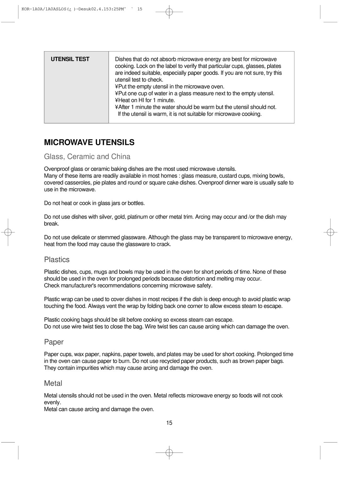 Daewoo KOR-1A0A, 1A0ASL manual Microwave Utensils, Utensil Test 