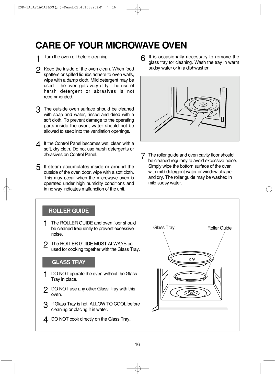 Daewoo 1A0ASL, KOR-1A0A manual Care of Your Microwave Oven, Roller Guide and oven floor should Glass Tray 