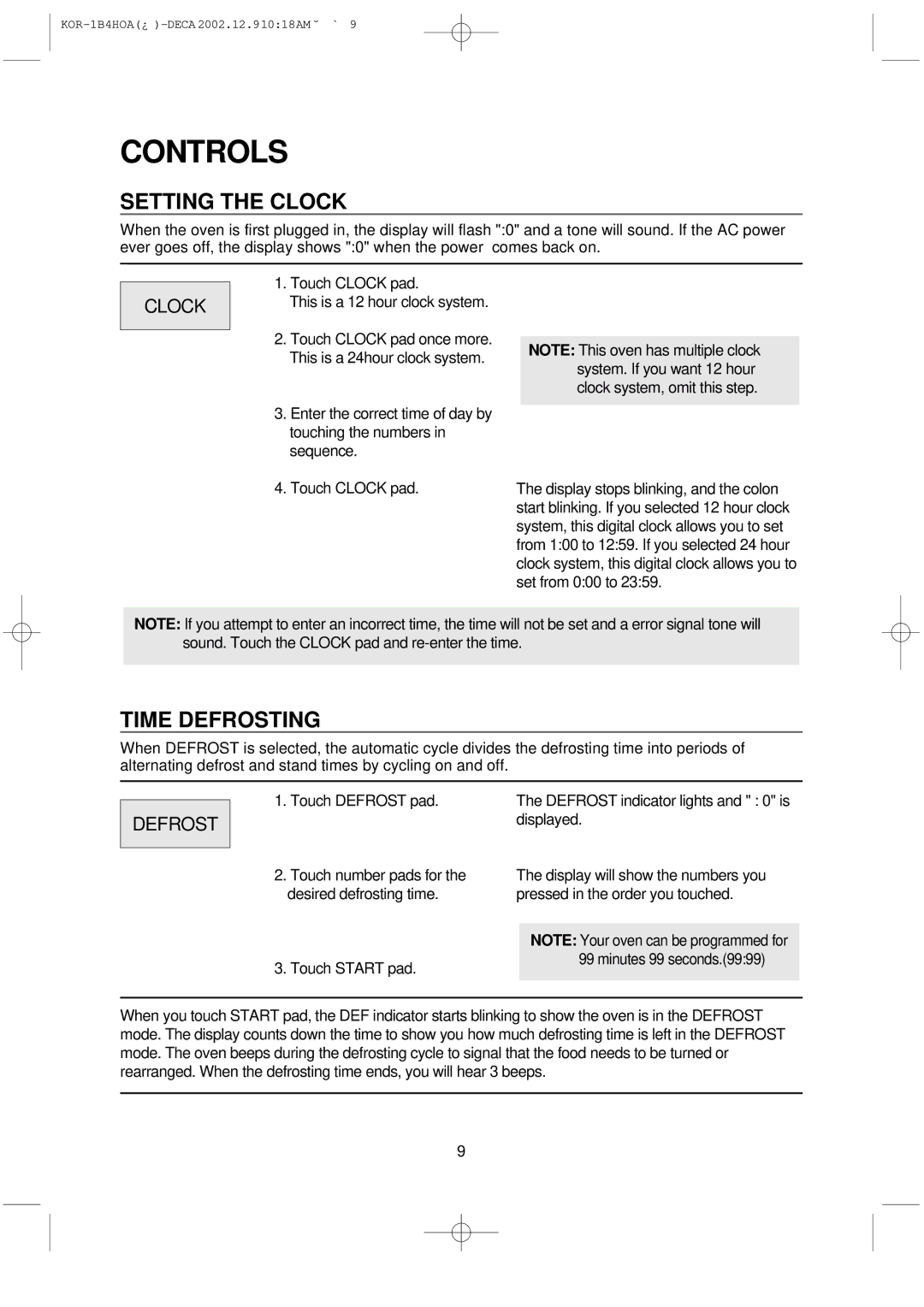 Daewoo KOR-1B4H manual Controls, Setting the Clock, Time Defrosting 