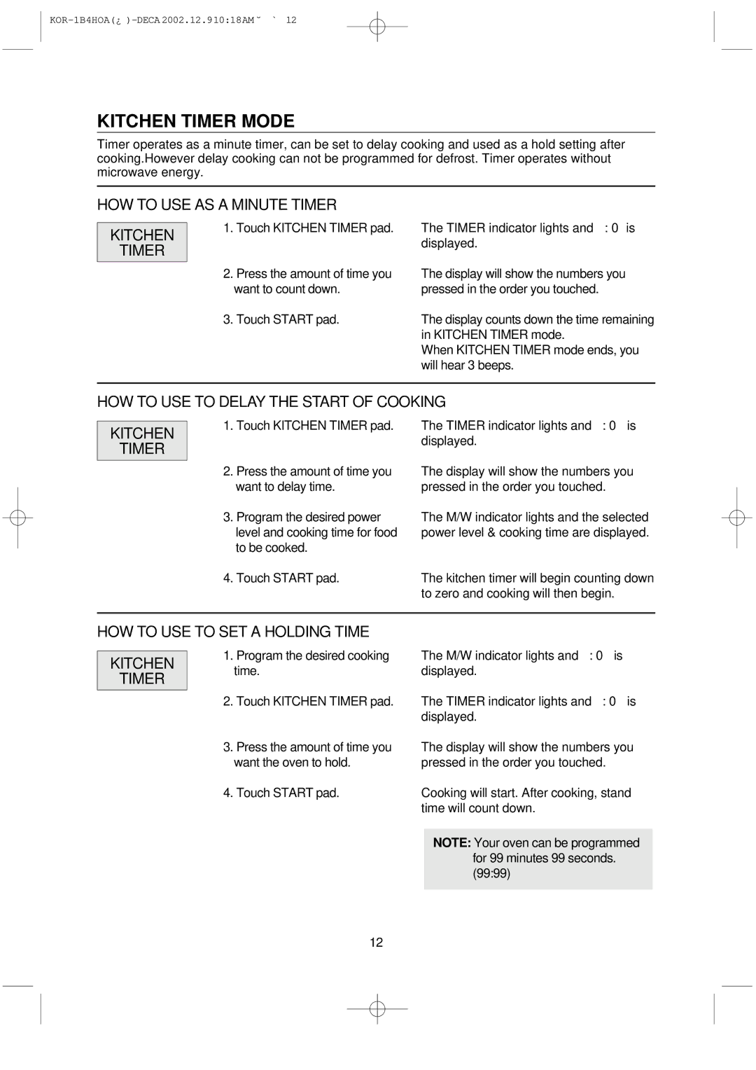 Daewoo KOR-1B4H Kitchen Timer Mode, HOW to USE AS a Minute Timer Kitchen, HOW to USE to SET a Holding Time Kitchen Timer 